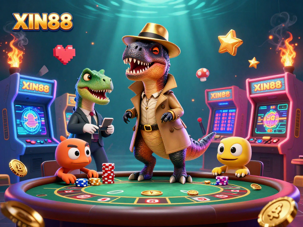 XIN88 cartoon velociraptor counters cards at a blackjack table amidst vibrant casino elements.
