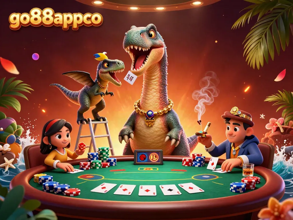 Engage with the vibrant scene of go88appco featuring a dinosaur dealer at a casino table.