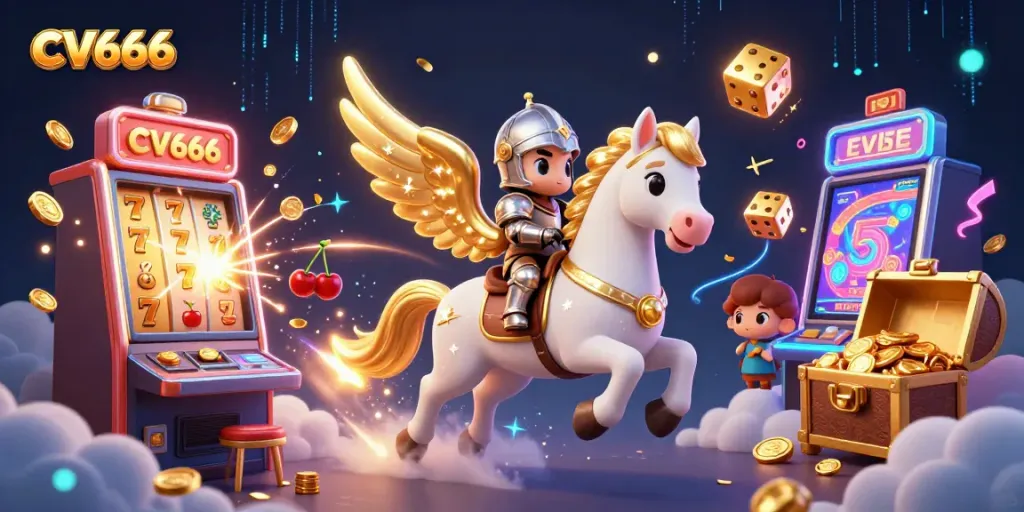 Experience exciting wins at CV666 with a magical scene of a knight on a celestial horse amidst dynamic casino elements.