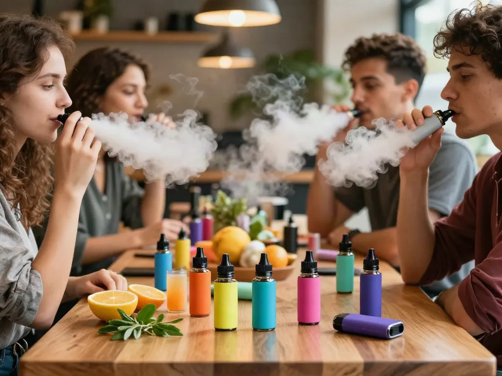 What is a shortfill e-liquid displayed amidst a lively vaping scene at a café.