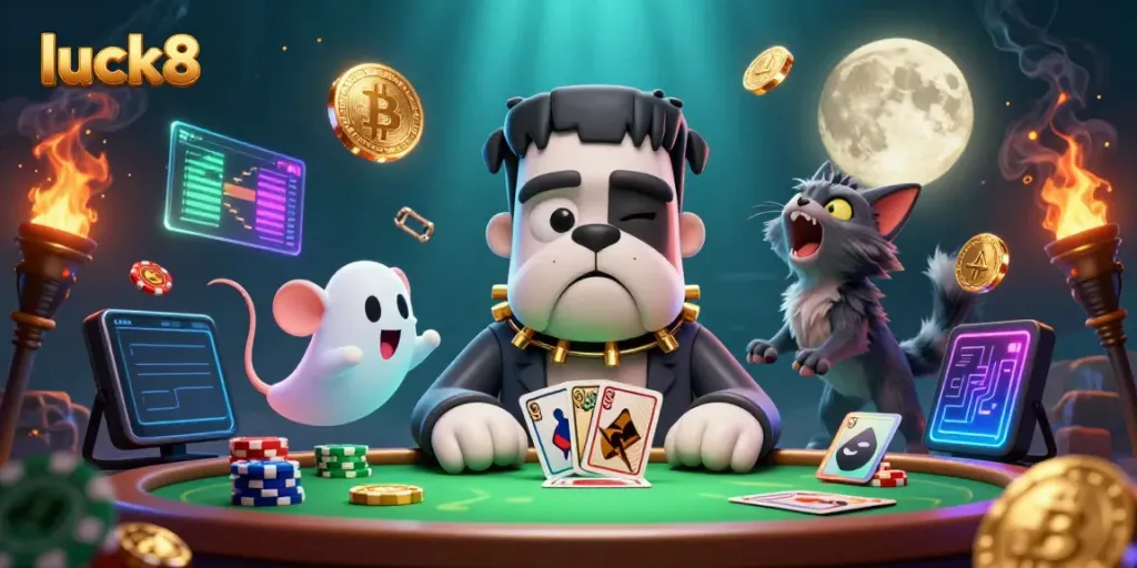 Luck8 - Experience thrilling gaming with a 3D cartoon Frankenstein bulldog dealer and captivating elements.