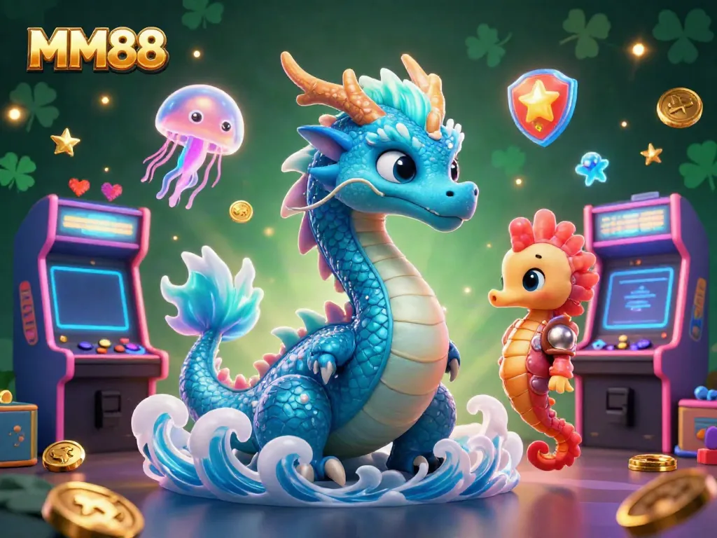 Engage with MM88's vibrant casino adventure featuring a water dragon and seahorse knight.