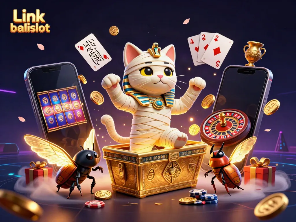 Experience the excitement of Link balislot with vibrant 3D illustrations of a mummy cat, scarab, and casino elements.