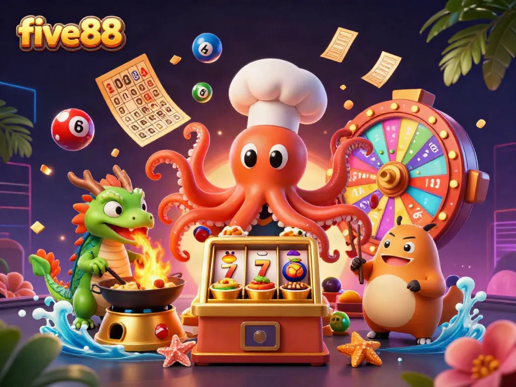 Experience the thrill of five88 with a vibrant, cartoonish casino scene featuring an octopus chef and a dragon.