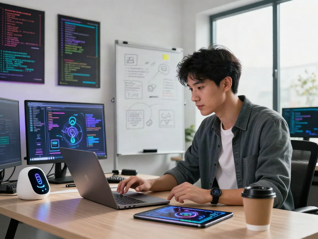 Professional workspace showcasing a young adult utilizing 18+ ai tools, engaging with technology and innovation.