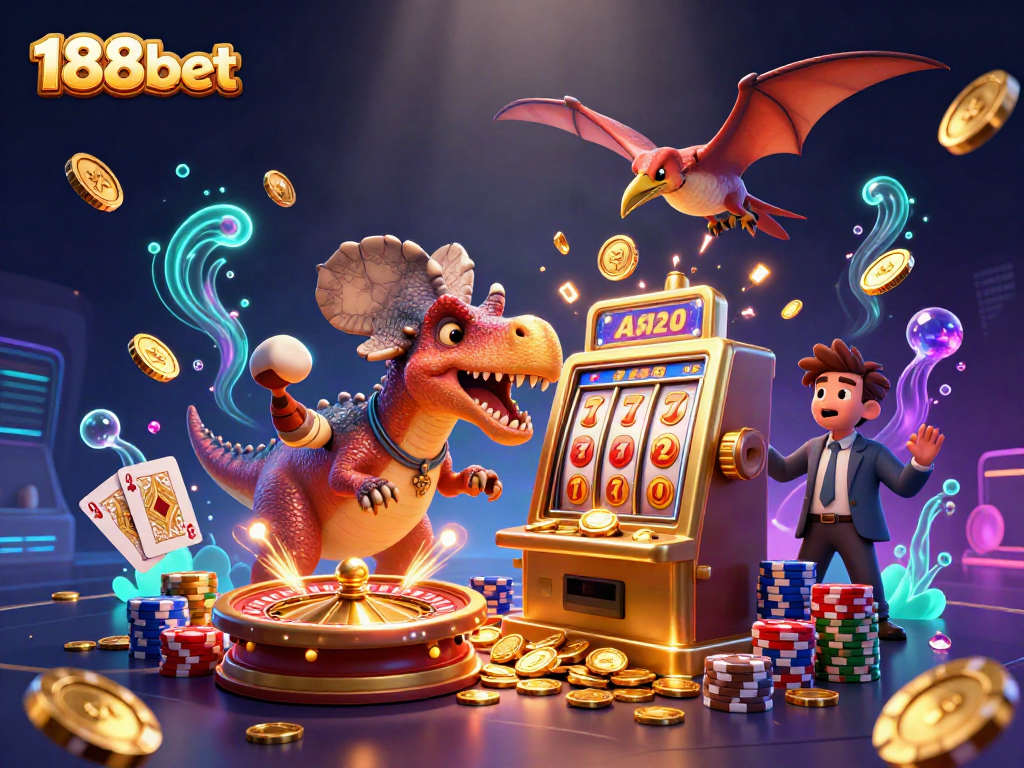 Experience the thrill of 188bet with a pachycephalosaurus activating a golden slot machine jackpot!