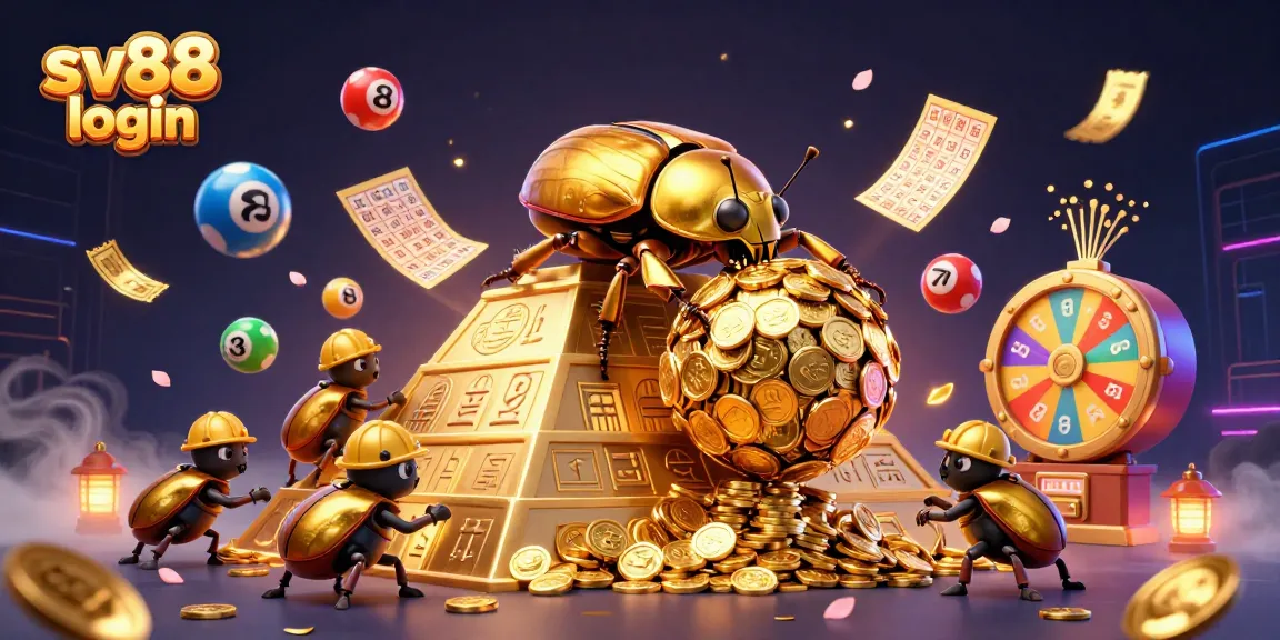 Engaging scene depicting sv88 login with golden beetles rolling coins surrounded by vibrant casino elements.