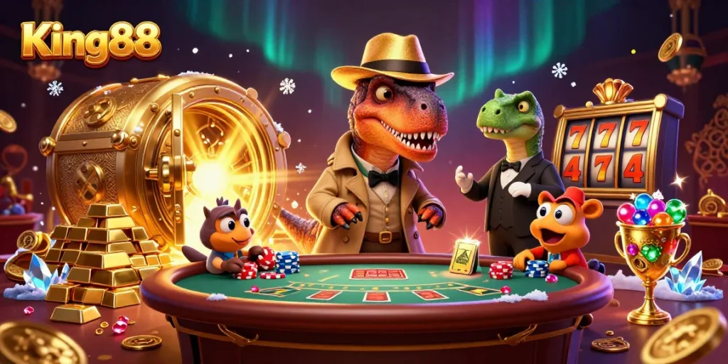 Join the thrilling action at King88 with a velociraptor card counter and treasure!