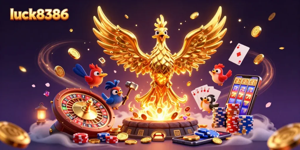 The golden phoenix at luck8386 emerges with cascading coins, showcasing vibrant casino elements.