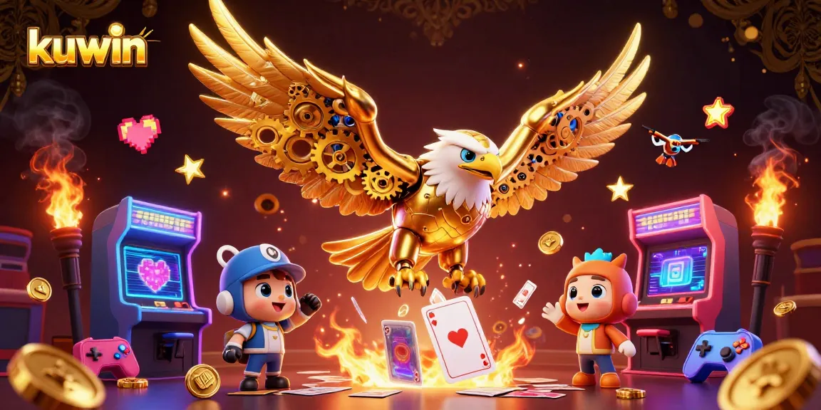 Kuwin casino illustration featuring a golden eagle and arcade games, capturing the excitement of online gambling.