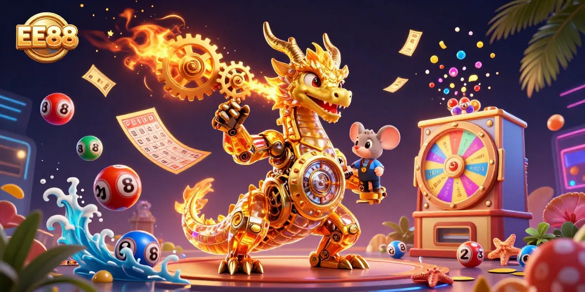Win big at EE88 with a vibrant, illustrated celebration of casino elements and lively characters.