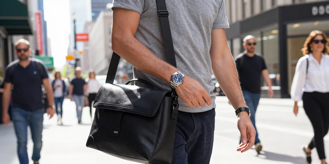 Man showcasing his rolex super clone watch while strolling through a vibrant city street, exuding urban sophistication.