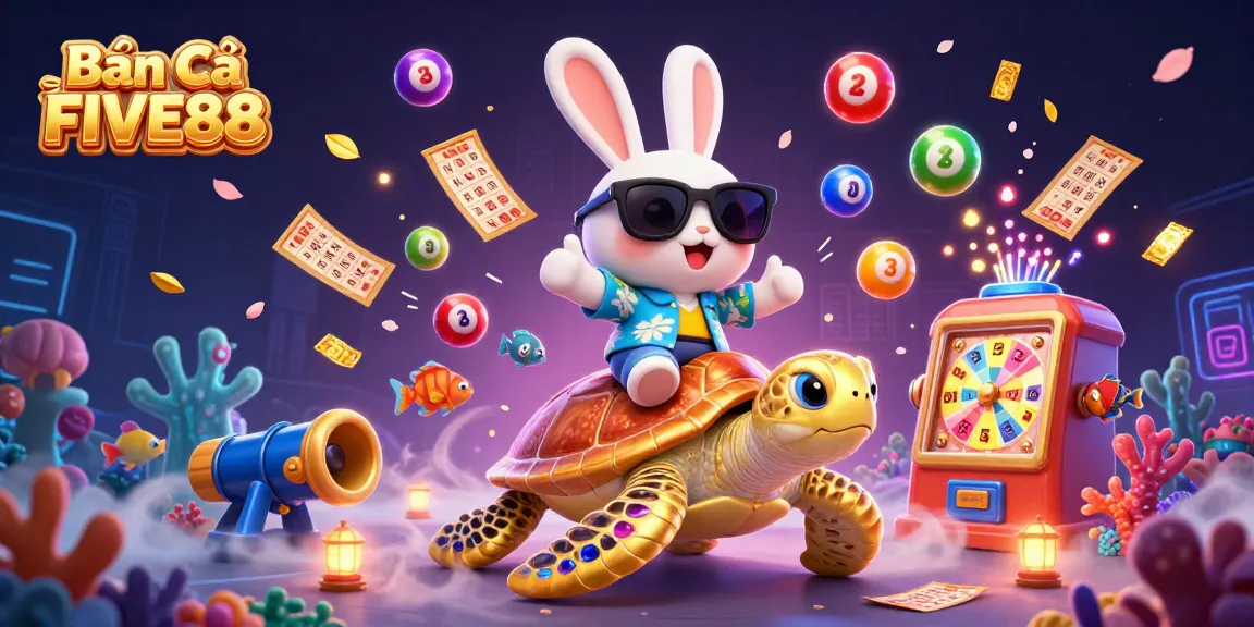 Bắn Cá FIVE88 features a lucky rabbit and golden turtle in a vibrant underwater scene, packed with action.