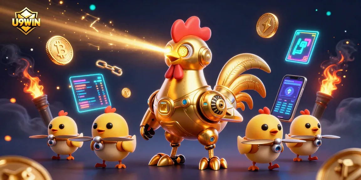 Engage with U9WIN's vibrant and dynamic 3D casino scene featuring futuristic robot elements.
