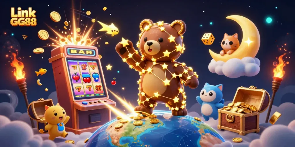 Experience the excitement of Link GG88 with a dynamic casino scene featuring gold coins and a slot machine.