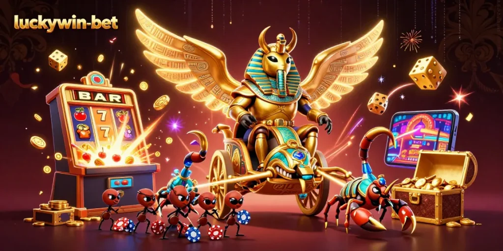 Experience thrilling wins at luckywin-bet with vibrant golden scarab and jackpot excitement.