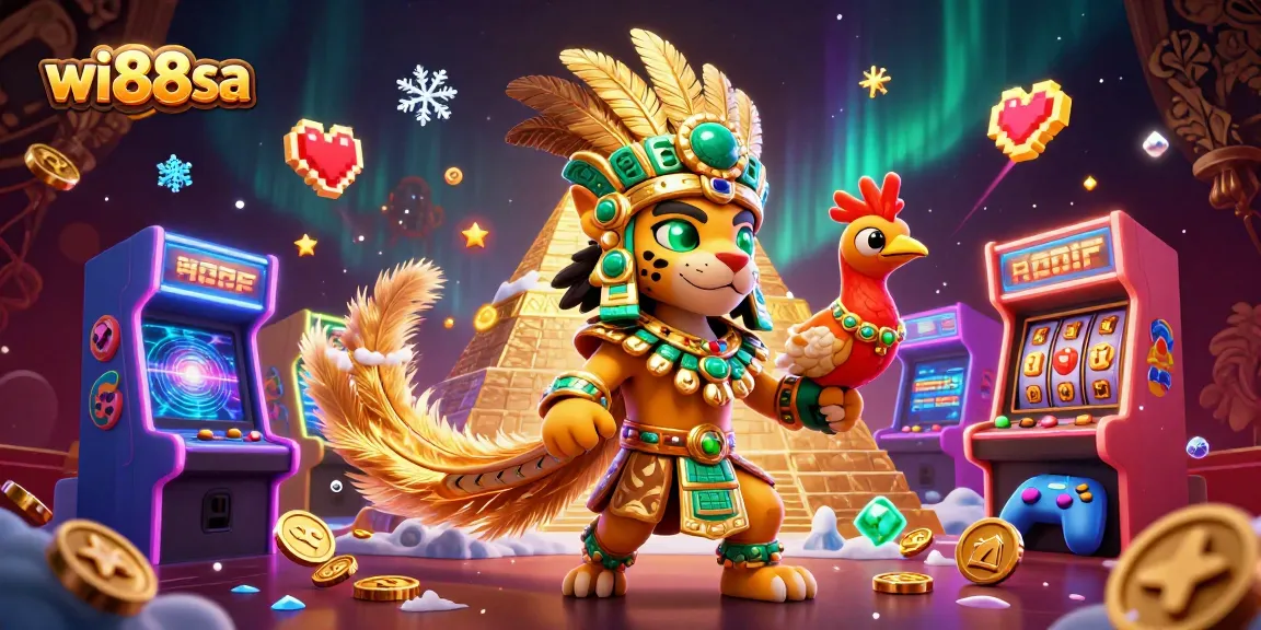 Experience thrilling games at wi88sa, featuring a vibrant Mayan jaguar priest among casino elements.