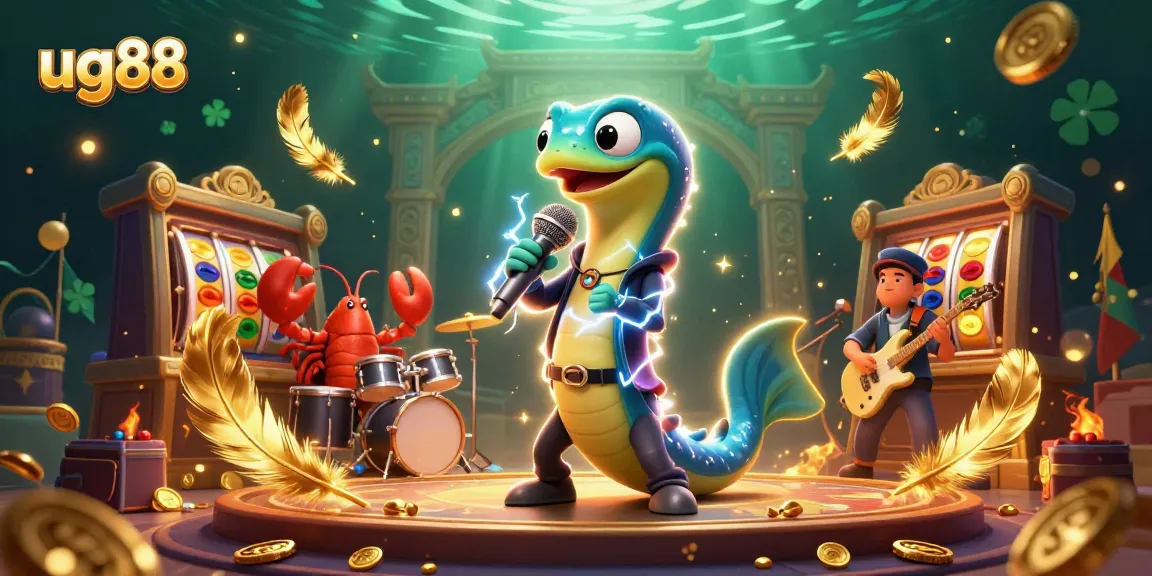 ug88's electric eel DJ rocks the underwater casino stage, surrounded by lobsters and vibrant game elements.