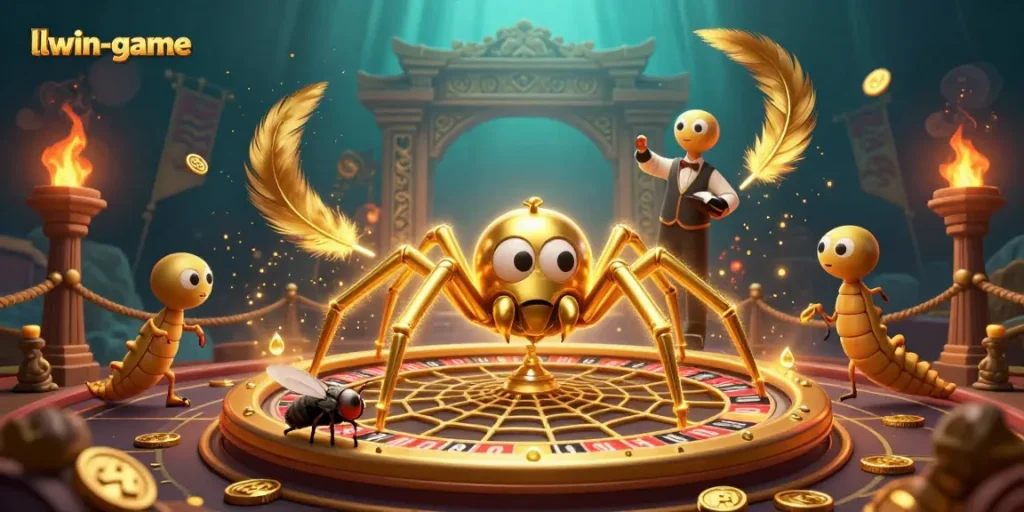 Experience thrilling bets with the llwin-game spider spinning a roulette wheel web.