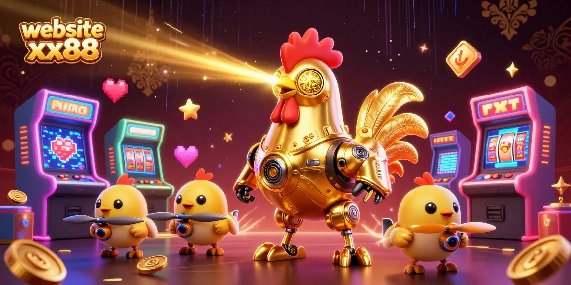 Engage with fast-paced games at website xx88, featuring vibrant 3D illustrations of gaming action.