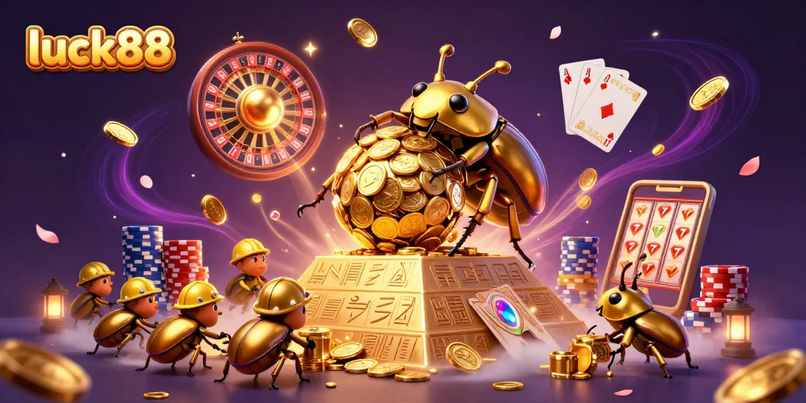 Experience luck88's excitement in a vibrant 3D scene with golden symbols and dynamic casino elements.