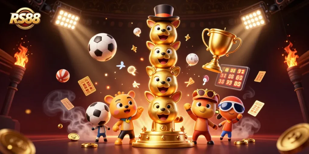 Experience the excitement of RS88 casino with dynamic sports elements and a golden totem centerpiece.