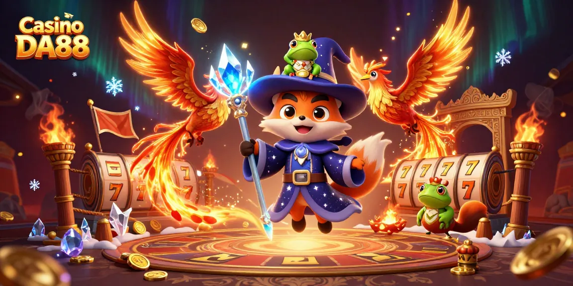 Experience the thrilling games at Casino DA88 with a magical wizard fox and phoenix.