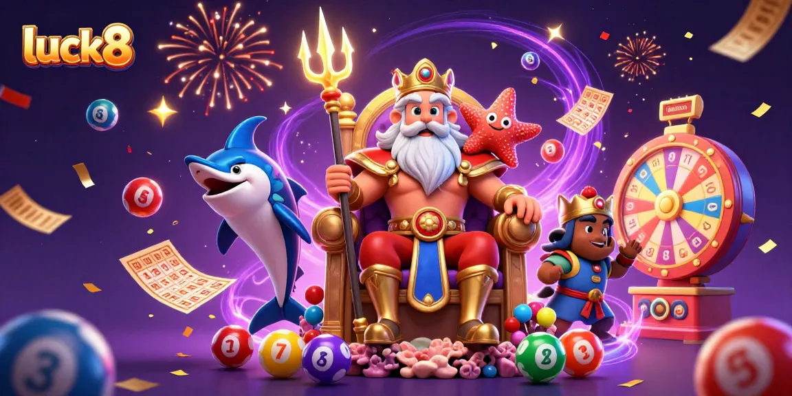 Engage with luck8's vibrant casino experience, featuring Neptune and lottery elements in a dynamic celebration.