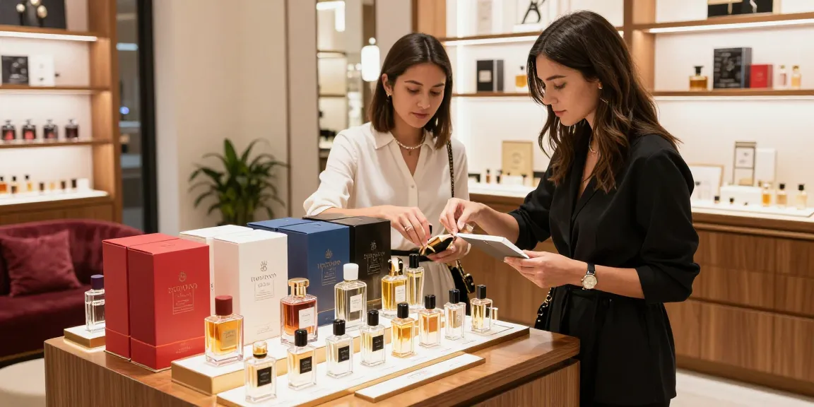 Perfume Buying Guide: Experience an elegant perfume shopping scene at a luxurious boutique.