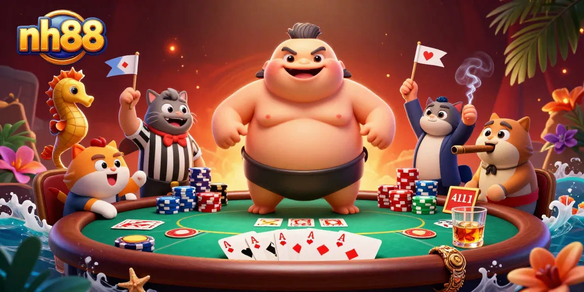 Engage in a vibrant nh88 gaming experience with a cartoon fugu and lively poker elements under the sea.