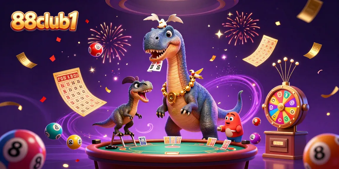 In an exciting scene, 88club1 showcases a playful casino with a dinosaur dealer and lottery elements.
