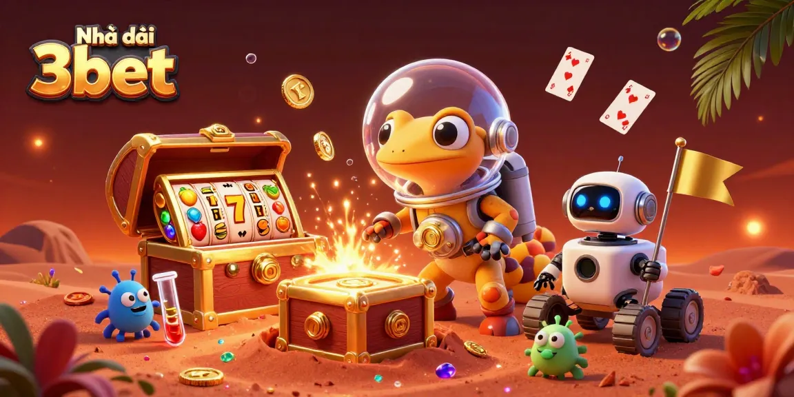 Experience the thrill of Nhà cái 3bet as Martian geckos discover a golden casino in this vibrant 3D illustration.