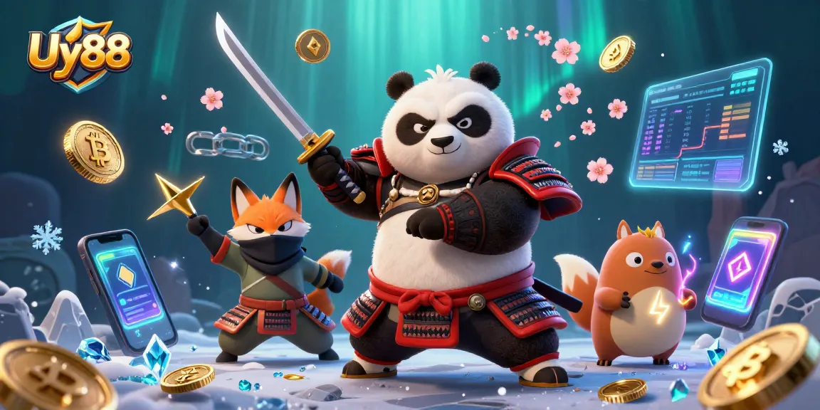 Engage with thrilling games at Uy88, featuring a vibrant illustration of a samurai panda and ninja fox in a dynamic casino atmosphere.