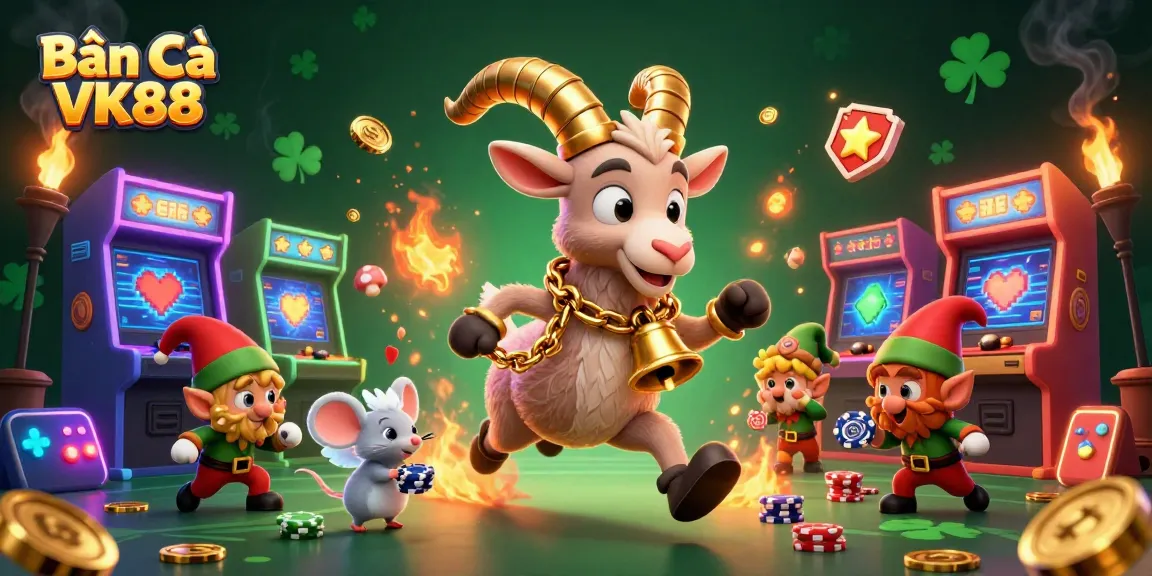 Experience Bắn Cá VK88 gameplay with vibrant 3D characters amidst casino excitement and arcade elements.