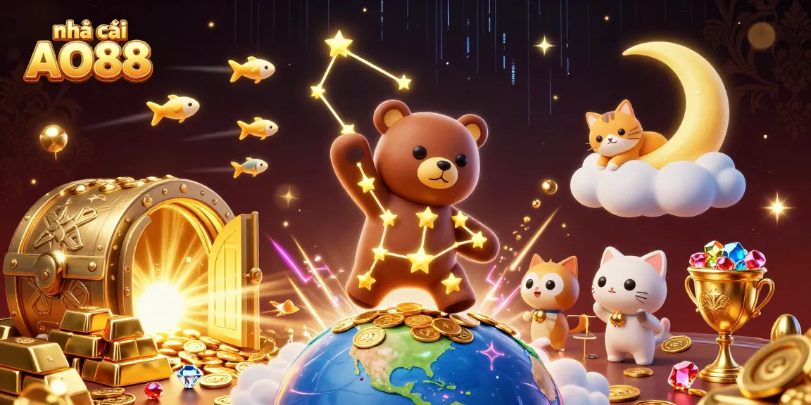Play and win with nhà cái AO88, featuring cartoon characters and golden treasures in a dynamic casino scene.