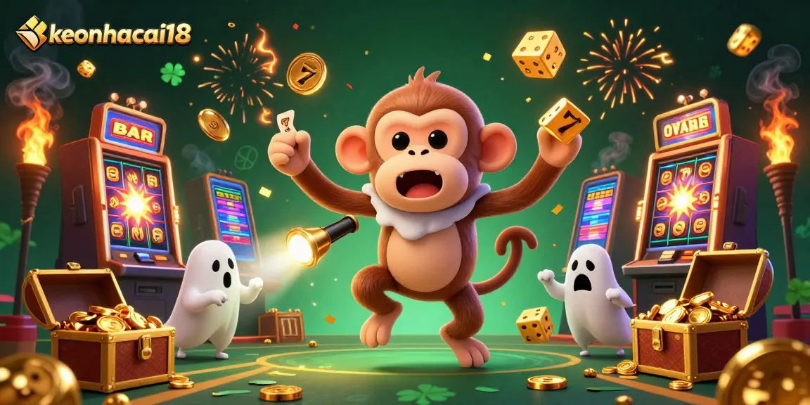 Track the mischievous keonhacai18 monkey in a lively casino bursting with jackpot excitement.