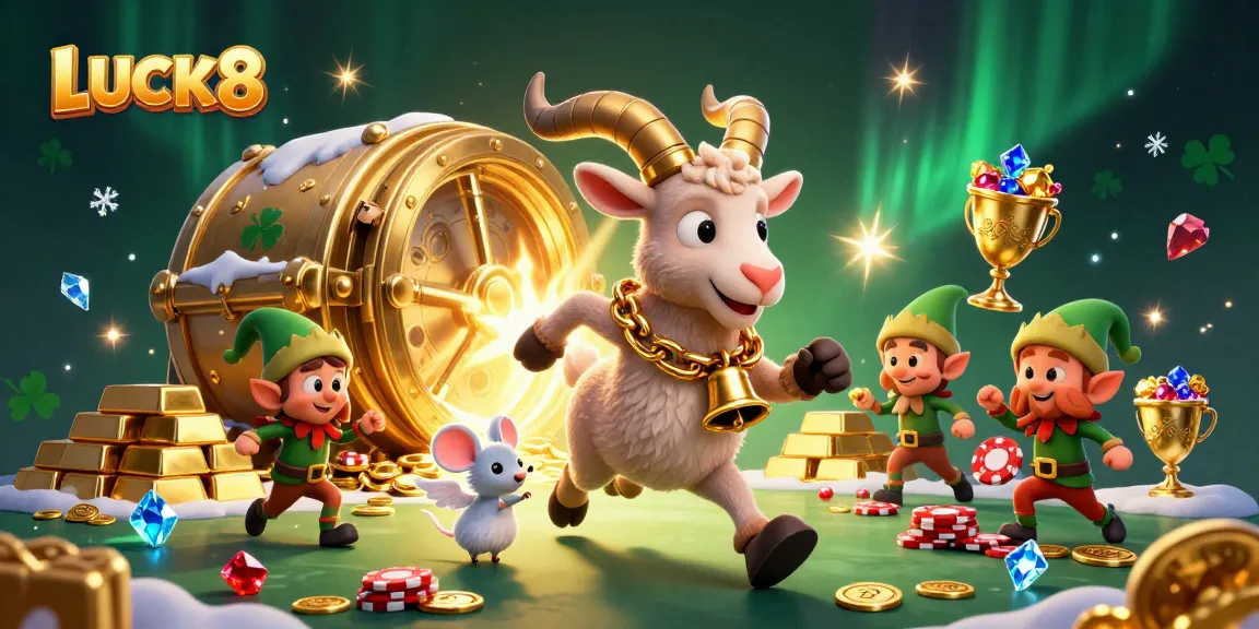 Experience LUCK8's festive casino chaos with 3D characters stealing chips amidst dazzling treasures.