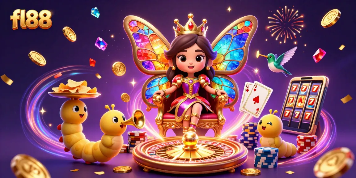 fl88 brings luck and excitement with the butterfly queen and vibrant casino themes in a dynamic scene.