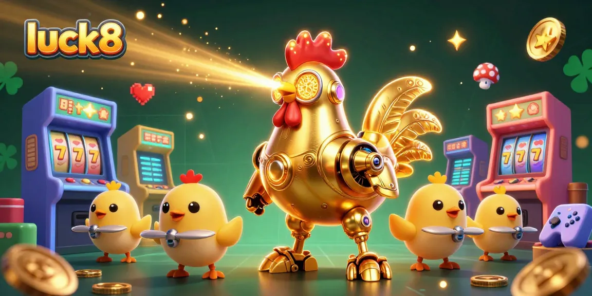 Engage with luck8 casino games while encountering a whimsical golden rooster robot and baby chick drones!