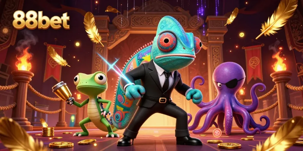 Experience thrilling games at 88bet with a vibrant casino atmosphere featuring dynamic characters and golden tokens.