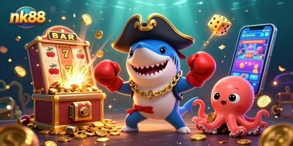 Engage with nk88's thrilling casino games featuring a cartoon pirate shark, pufferfish, and octopus amidst brilliant jackpots.