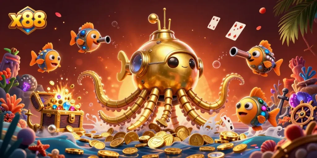 x88 engages players in a thrilling sea of gold coins and treasures with mechanical fish and kraken