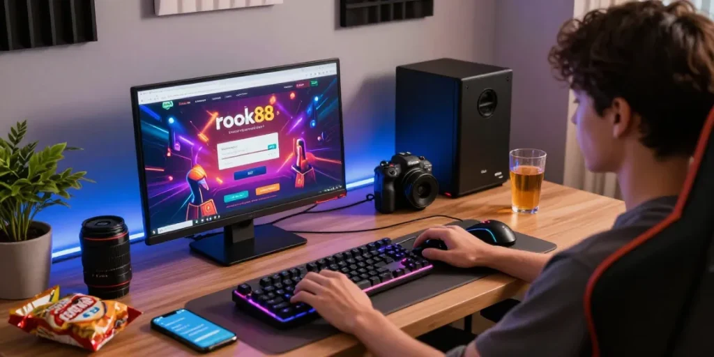 Experience the excitement of the rokok88 login in a modern home gaming setup with stylish peripherals and ambient lighting.