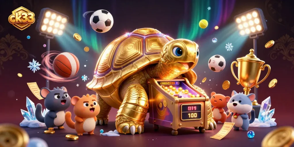 Experience ck33's thrilling gaming adventures with a colossal golden tortoise pinball machine