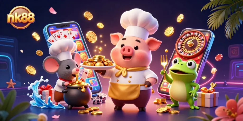 Engaging gameplay at nk88 showcases a chef pig and friends serving gold coins while enhancing the gaming experience.
