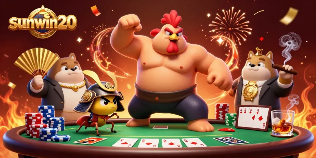 Experience thrilling poker action with sunwin20; watch a fierce sumo rooster stomp while a samurai cricket announces the game!