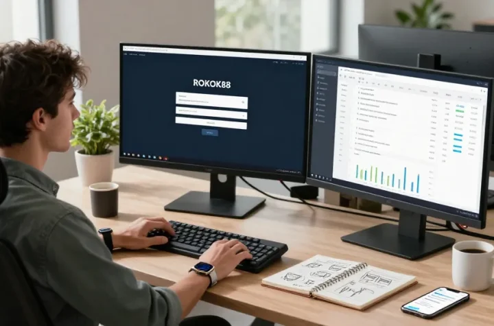 Developer accessing ROKOK88 login on dual monitors in a modern workspace