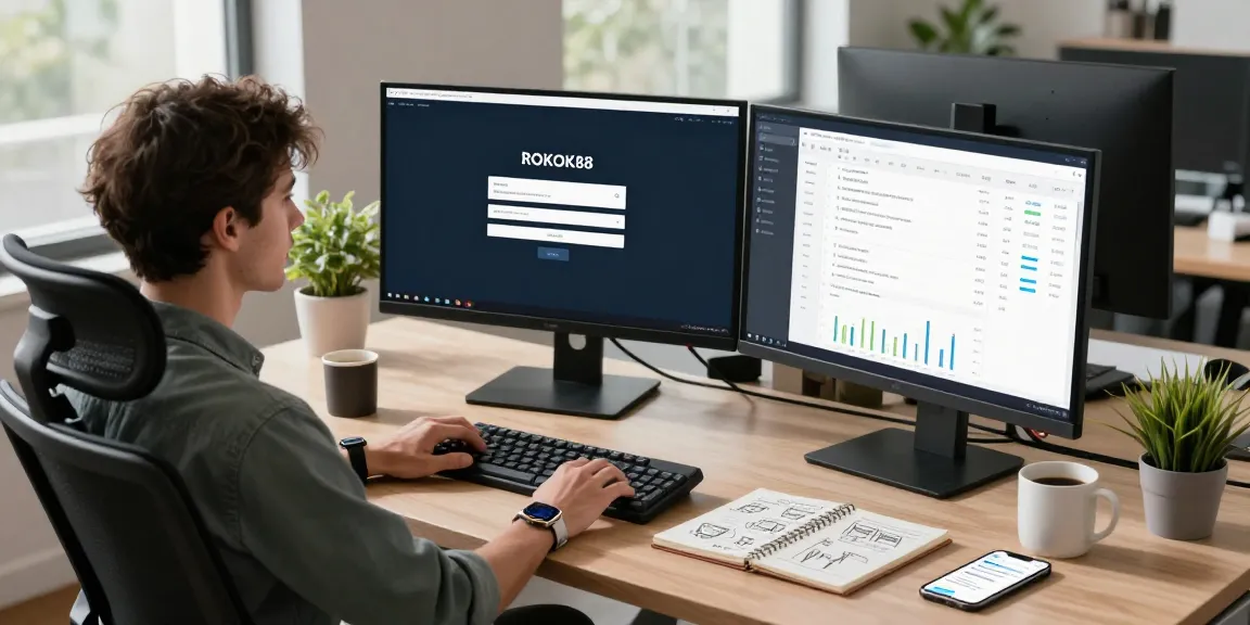 Developer accessing ROKOK88 login on dual monitors in a modern workspace