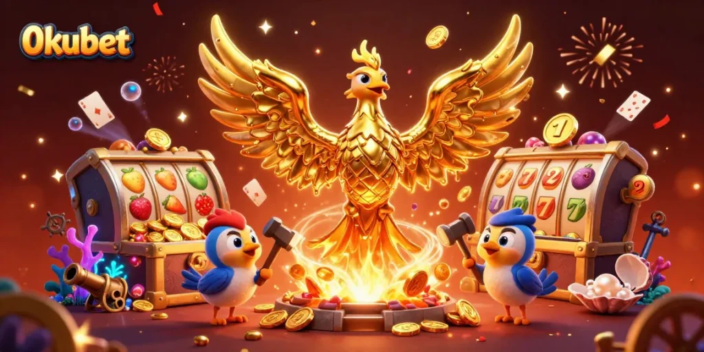 Experience winning with 0kubet's vibrant 3D casino scene filled with gold and excitement.
