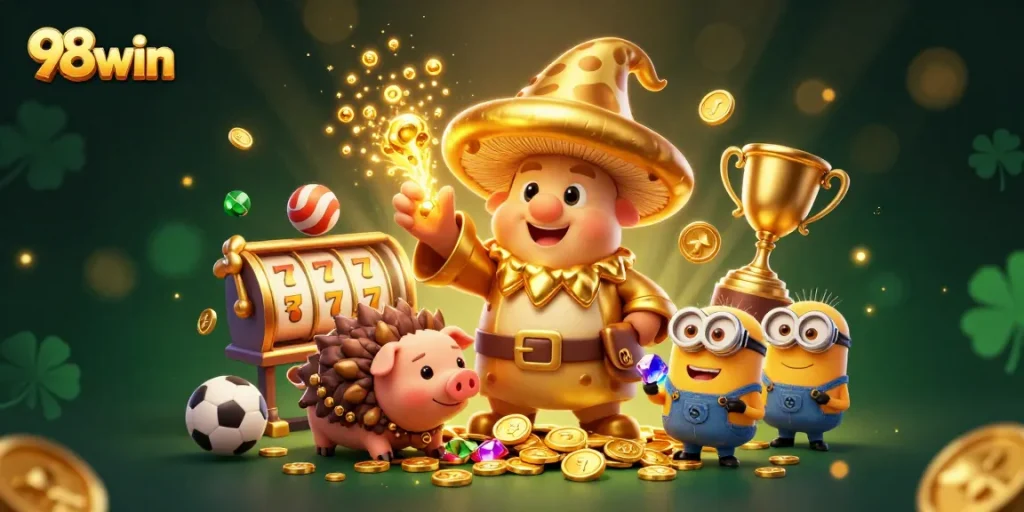 Experience excitement with 98win's gaming magic, featuring golden elements and vibrant sports action.